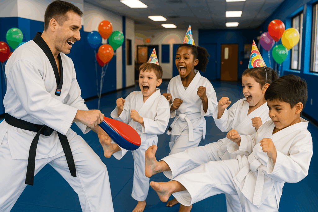 Children practicing Taekwondo at a birthday party in a martial arts school with balloons and party hats