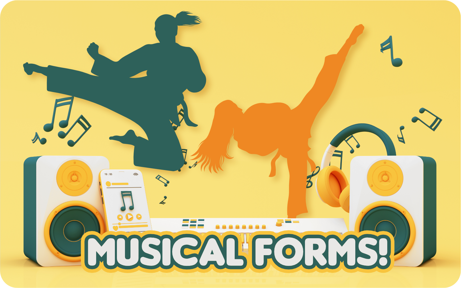 Teal and orange dancers leap beside big speakers and headphones on a yellow background, with floating musical notes and the caption 'MUSICAL FORMS!'