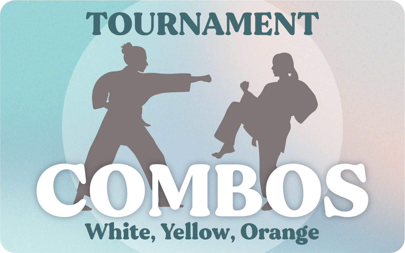 Event-Image 2026 Tournament Combos Promotional poster for a martial arts tournament: two silhouetted fighters sparring, with 'TOURNAMENT' at the top and 'COMBOS' across the bottom along with color names White, Yellow, Orange.