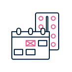 Calendar icon representing scheduling and upcoming events, with a planner page behind it.