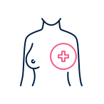 Stylized line drawing of a woman's upper torso with a pink circle-and-cross over the breast, indicating breast health awareness.