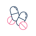 Two blue capsules with a red no-symbol over pink circles, indicating no pills allowed.