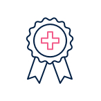 Award ribbon badge with a red cross, symbolizing certification or accreditation for medical/health standards.