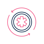 Blue Star of Life medical symbol inside concentric circles with pink circular arrows, representing ongoing emergency health care.
