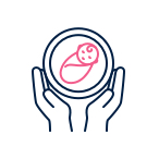 Hands cradle a circular emblem containing a smiling baby illustration, conveying protection and care.