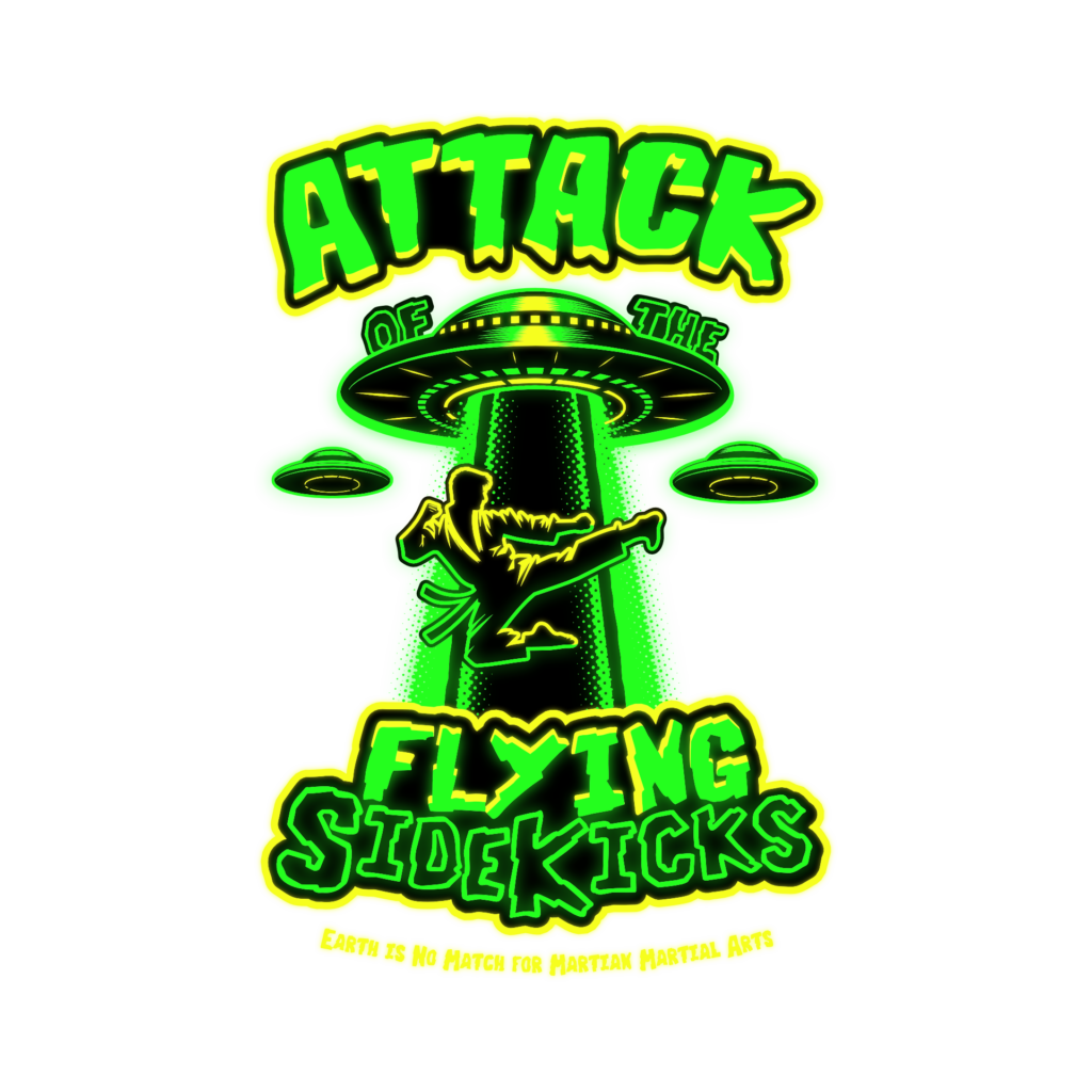 Neon green and yellow 'ATTACK' heading with a flying saucer craft and a silhouetted person, likely promoting 'Attack of the Flying Saucers'.