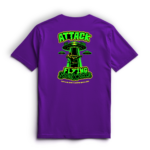 Purple T-shirt with neon green and yellow graphic reading 'Attack of the Flying Sidekicks' and a UFO-themed martial arts design on the back.